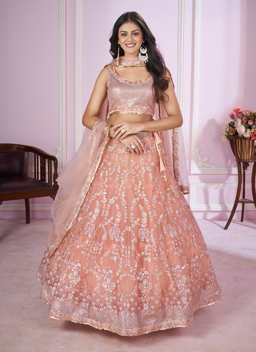 Peach Net Sequins Embroidered Wedding Lehenga Choli