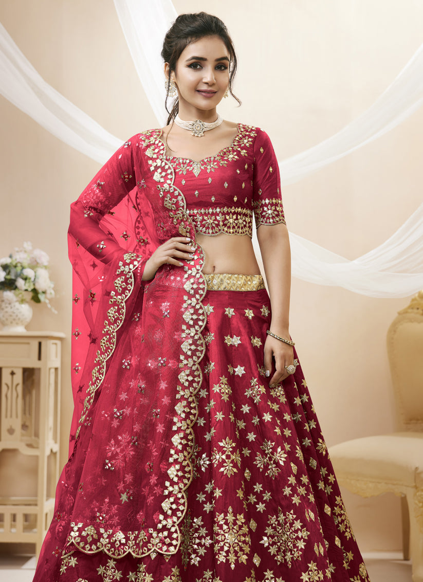 Scarlet Red Art Silk Embroidered Lehenga Choli