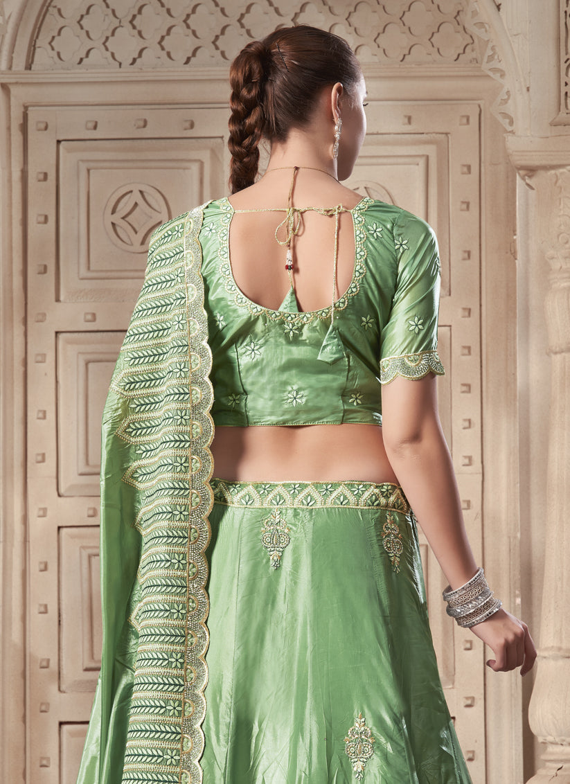 Mint Green Premium Soft Paper Silk Embroidered Wedding Lehenga Choli