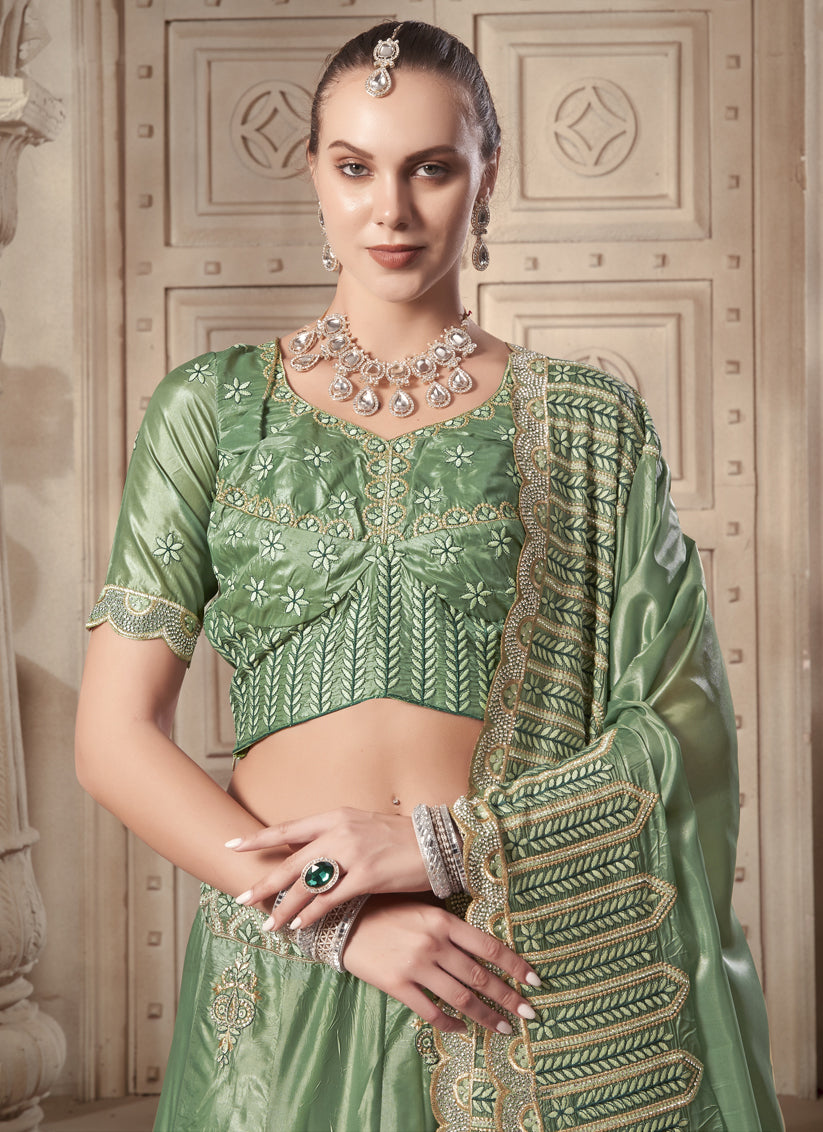 Mint Green Premium Soft Paper Silk Embroidered Wedding Lehenga Choli