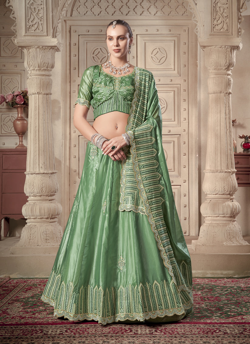 Mint Green Premium Soft Paper Silk Embroidered Wedding Lehenga Choli