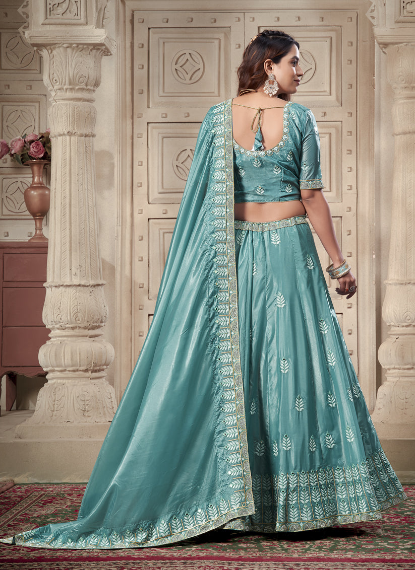 Mint Blue Premium Soft Paper Silk Embroidered Wedding Lehenga Choli