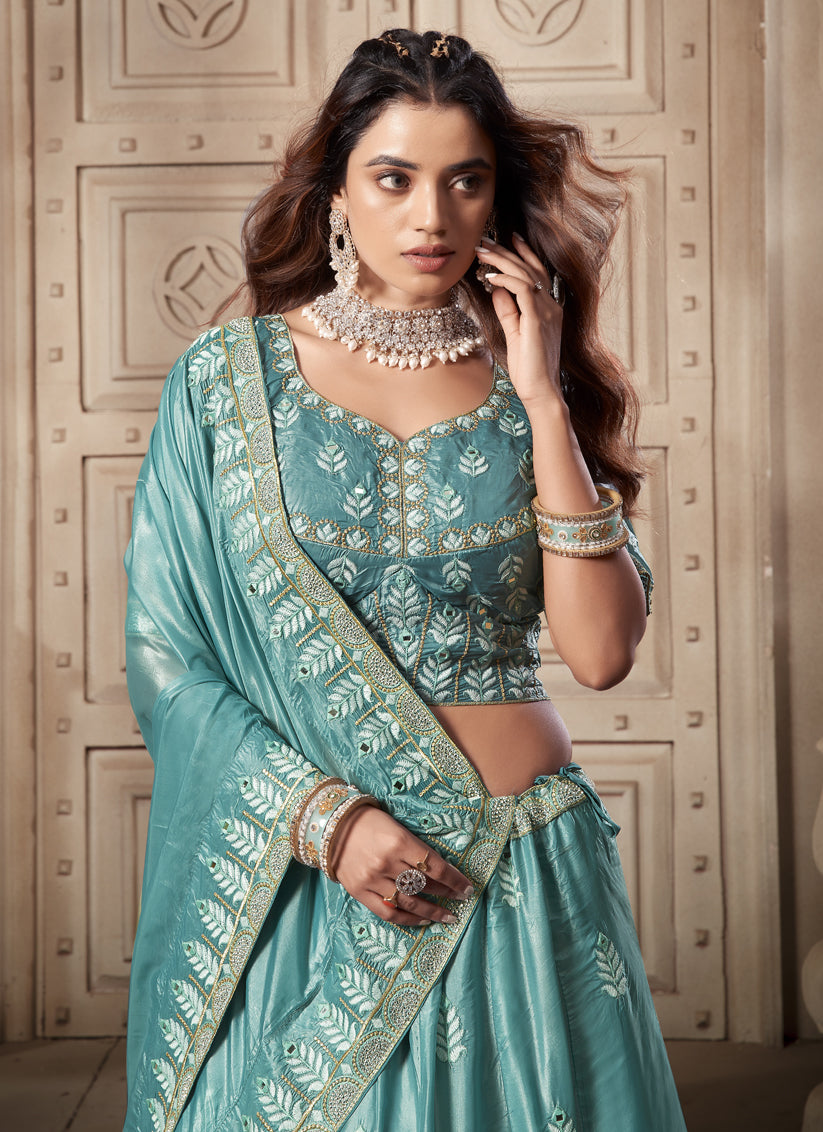 Mint Blue Premium Soft Paper Silk Embroidered Wedding Lehenga Choli