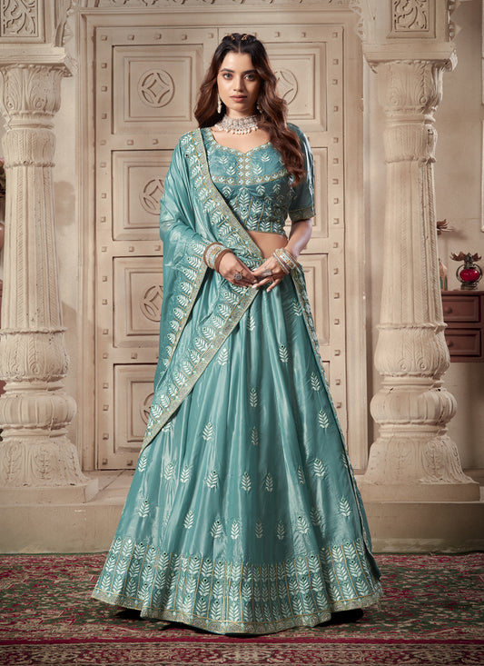 Mint Blue Premium Soft Paper Silk Embroidered Wedding Lehenga Choli