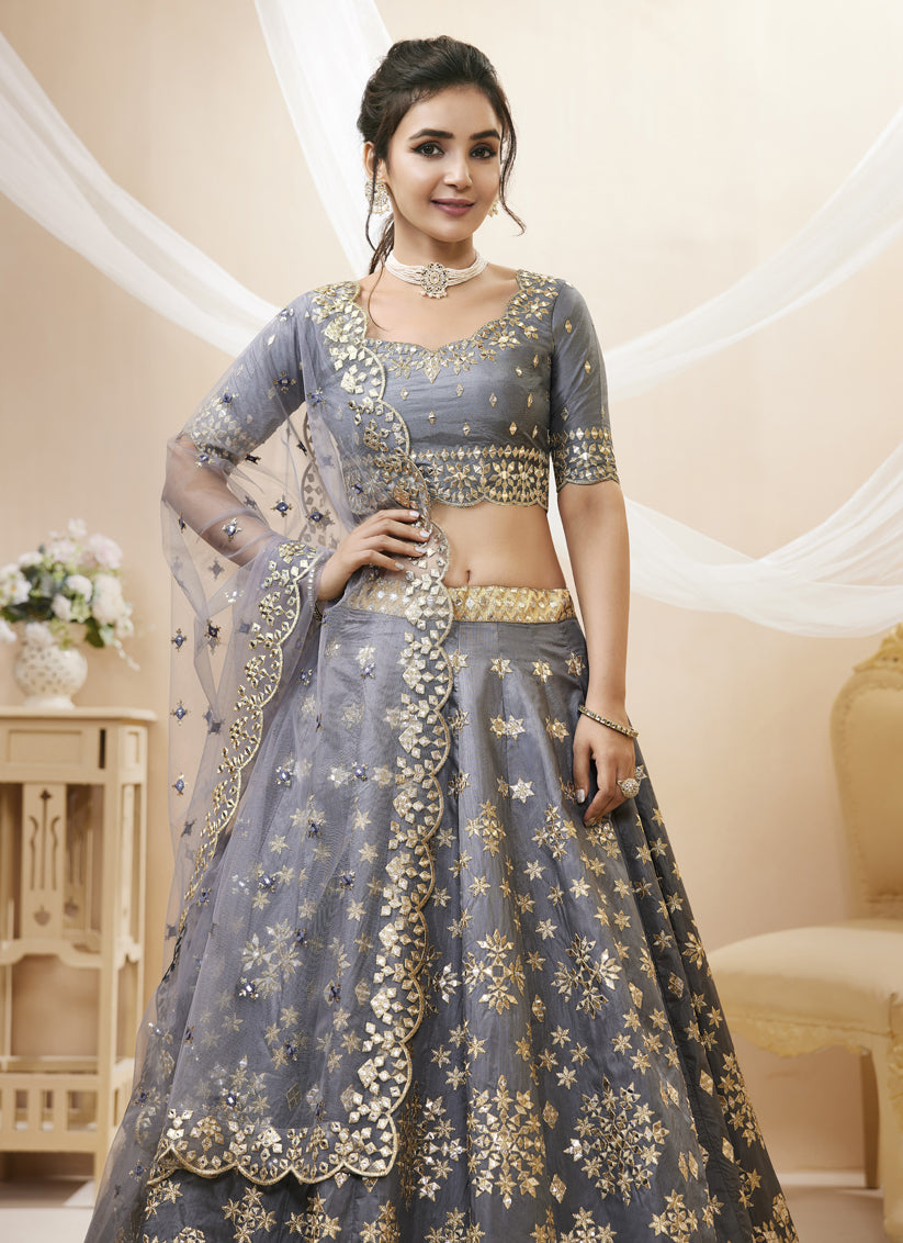 Grey Art Silk Embroidered Lehenga Choli