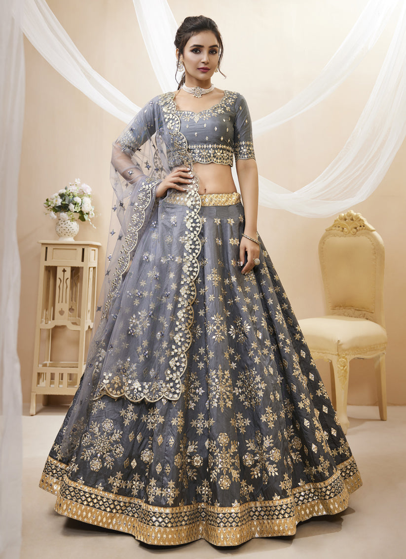 Grey Art Silk Embroidered Lehenga Choli