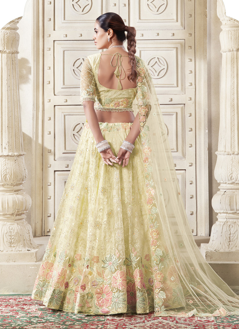 Pastel Yellow Net Embroidered Designer Lehenga Choli Set