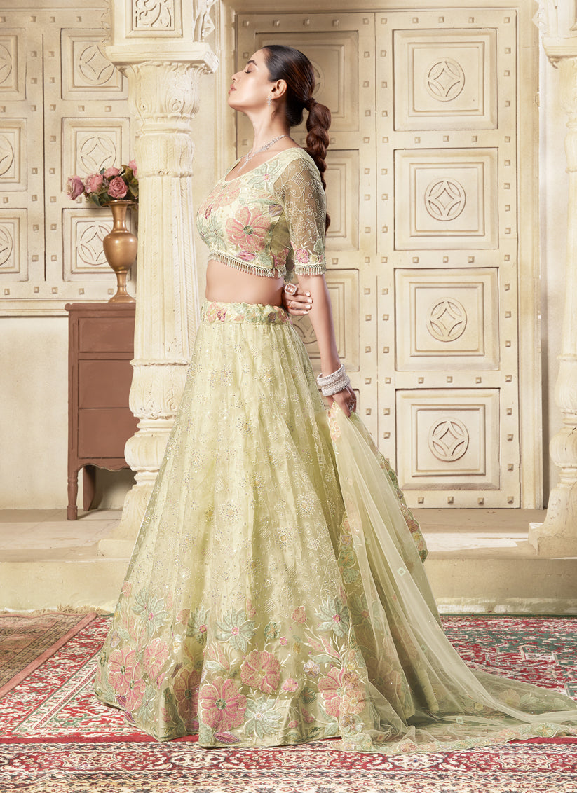 Pastel Yellow Net Embroidered Designer Lehenga Choli Set