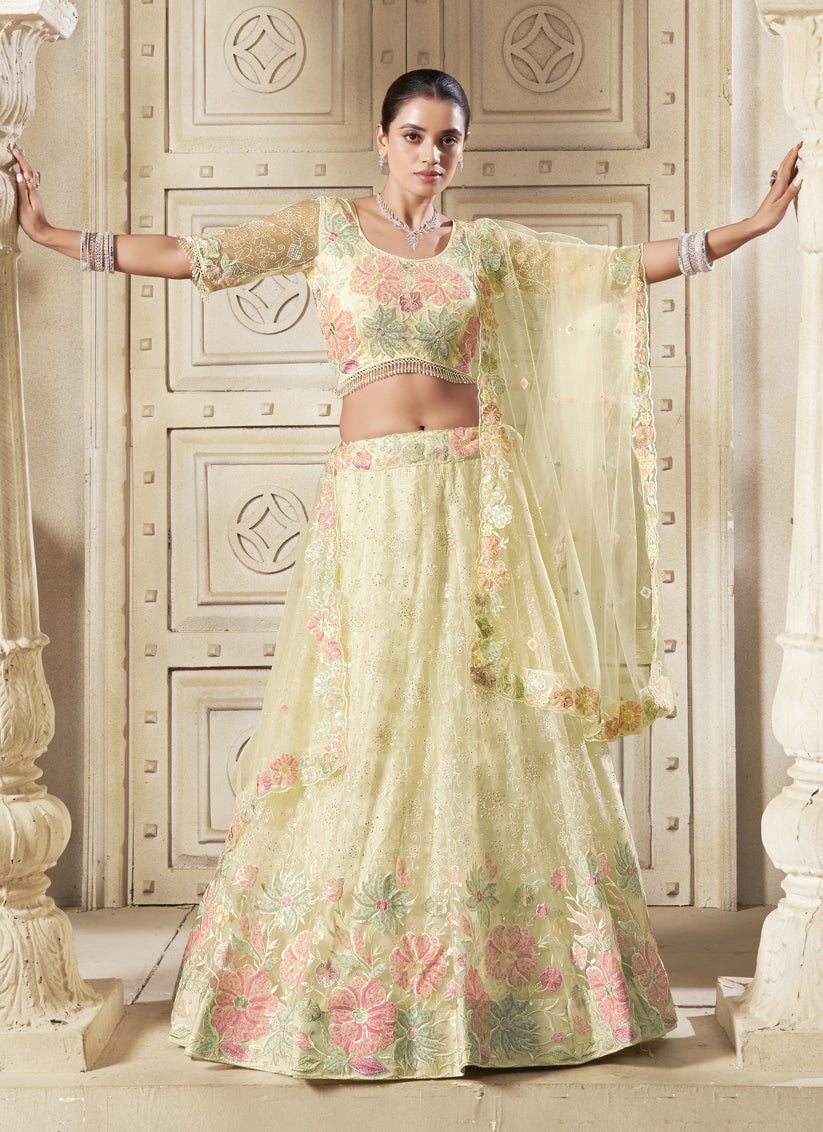 Pastel Yellow Net Embroidered Designer Lehenga Choli Set