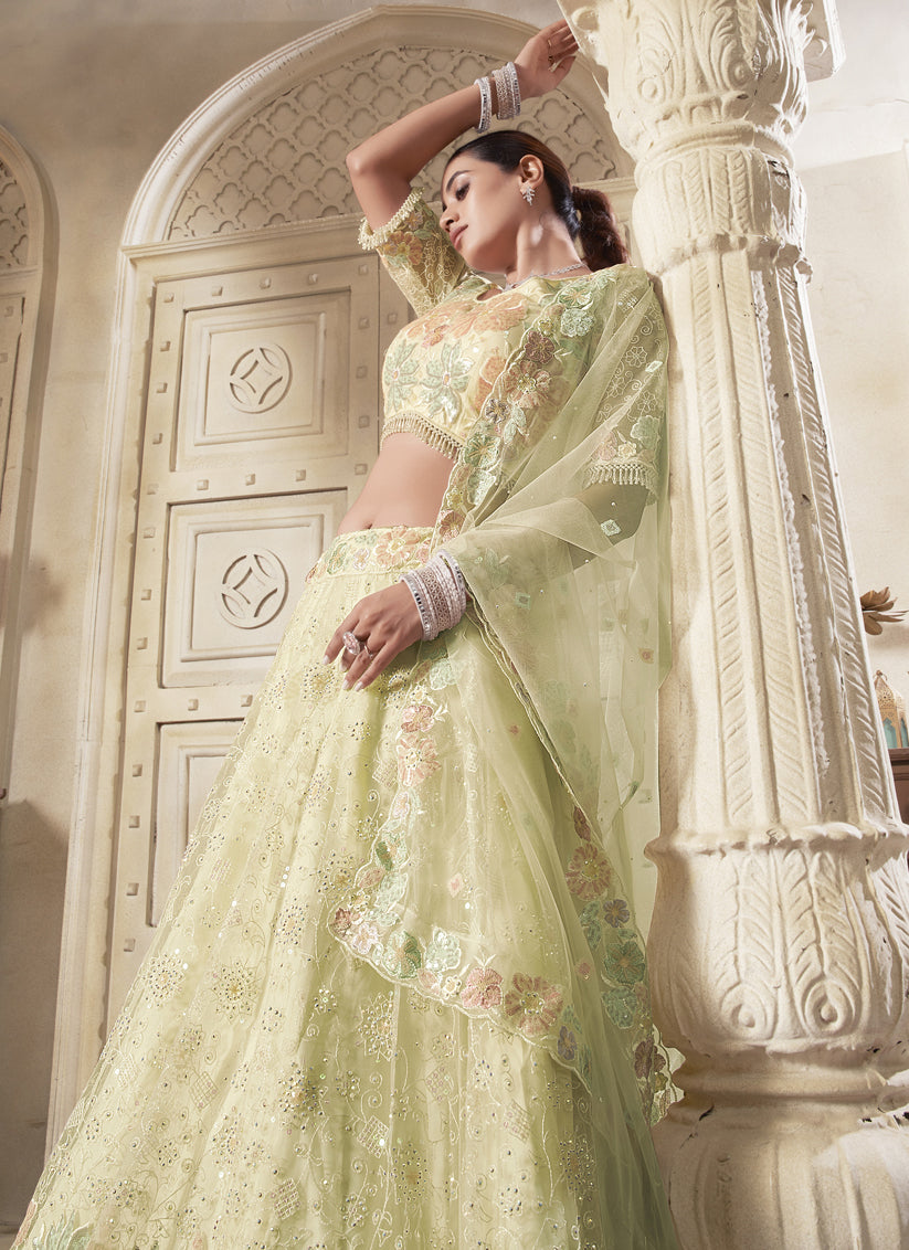 Pastel Yellow Net Embroidered Designer Lehenga Choli Set