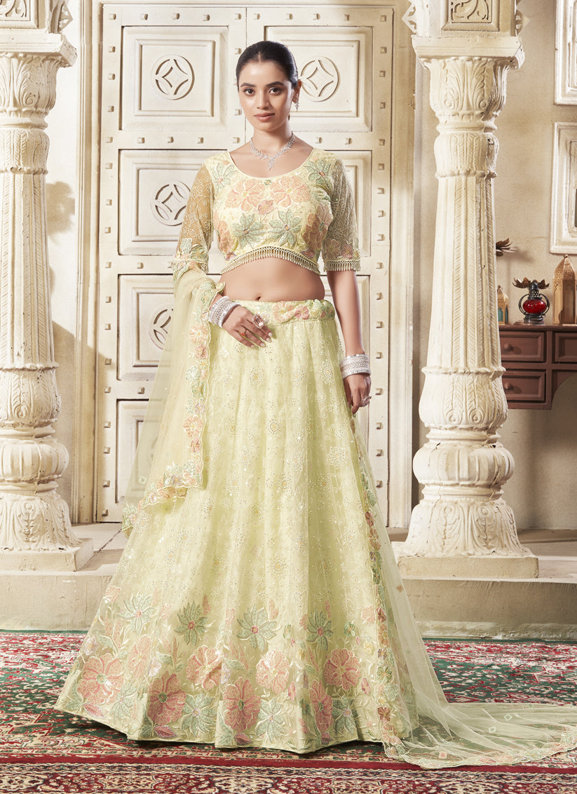 Pastel Yellow Net Embroidered Designer Lehenga Choli Set