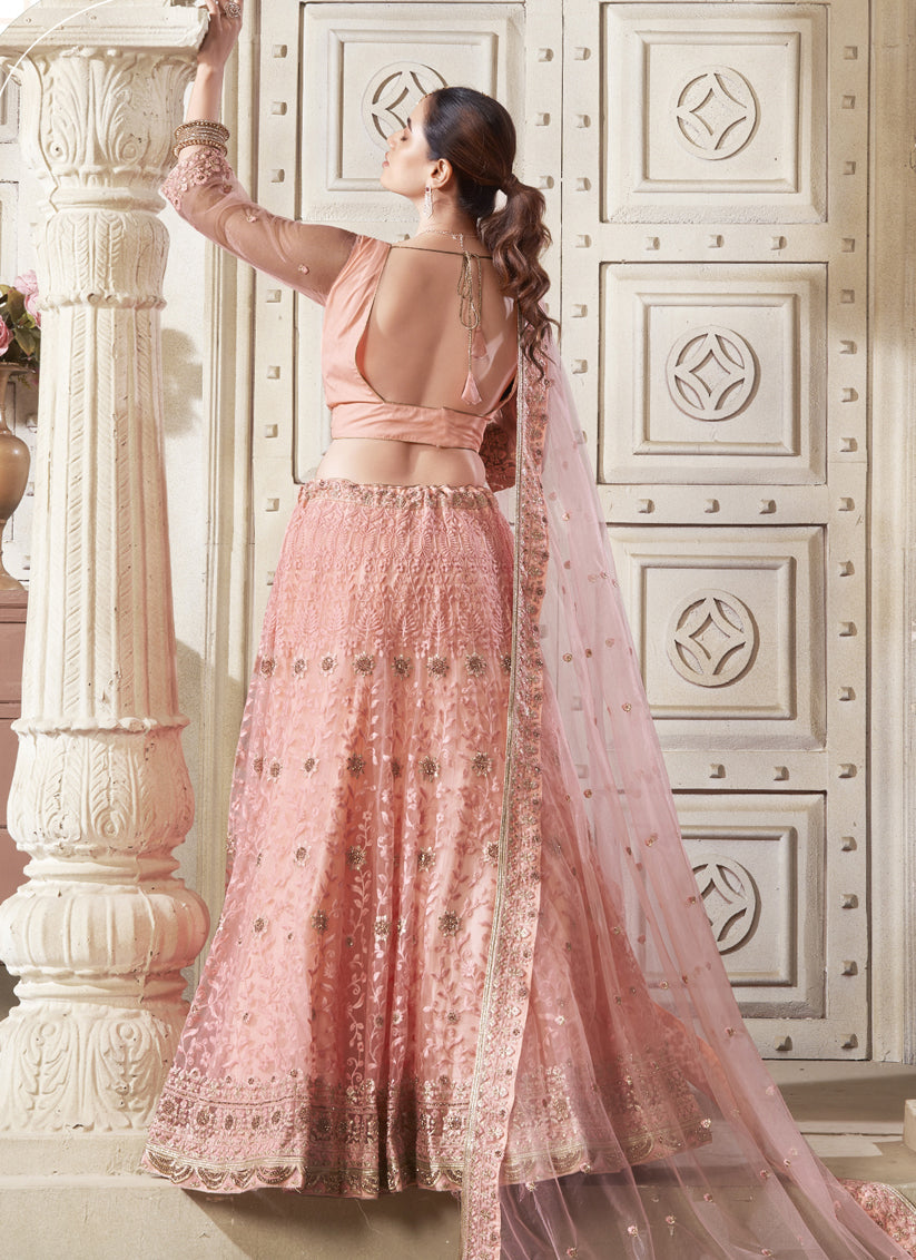 Coral Pink Net Embroidered Designer Lehenga Choli Set