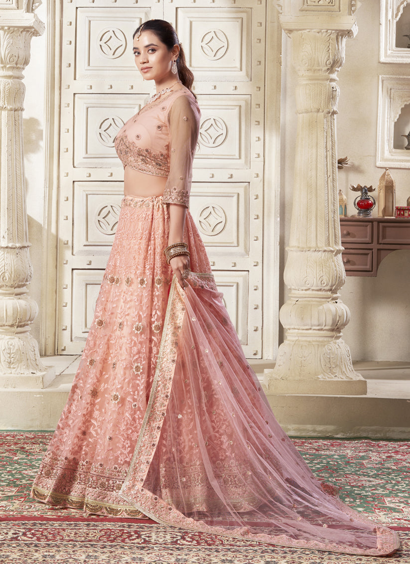 Coral Pink Net Embroidered Designer Lehenga Choli Set