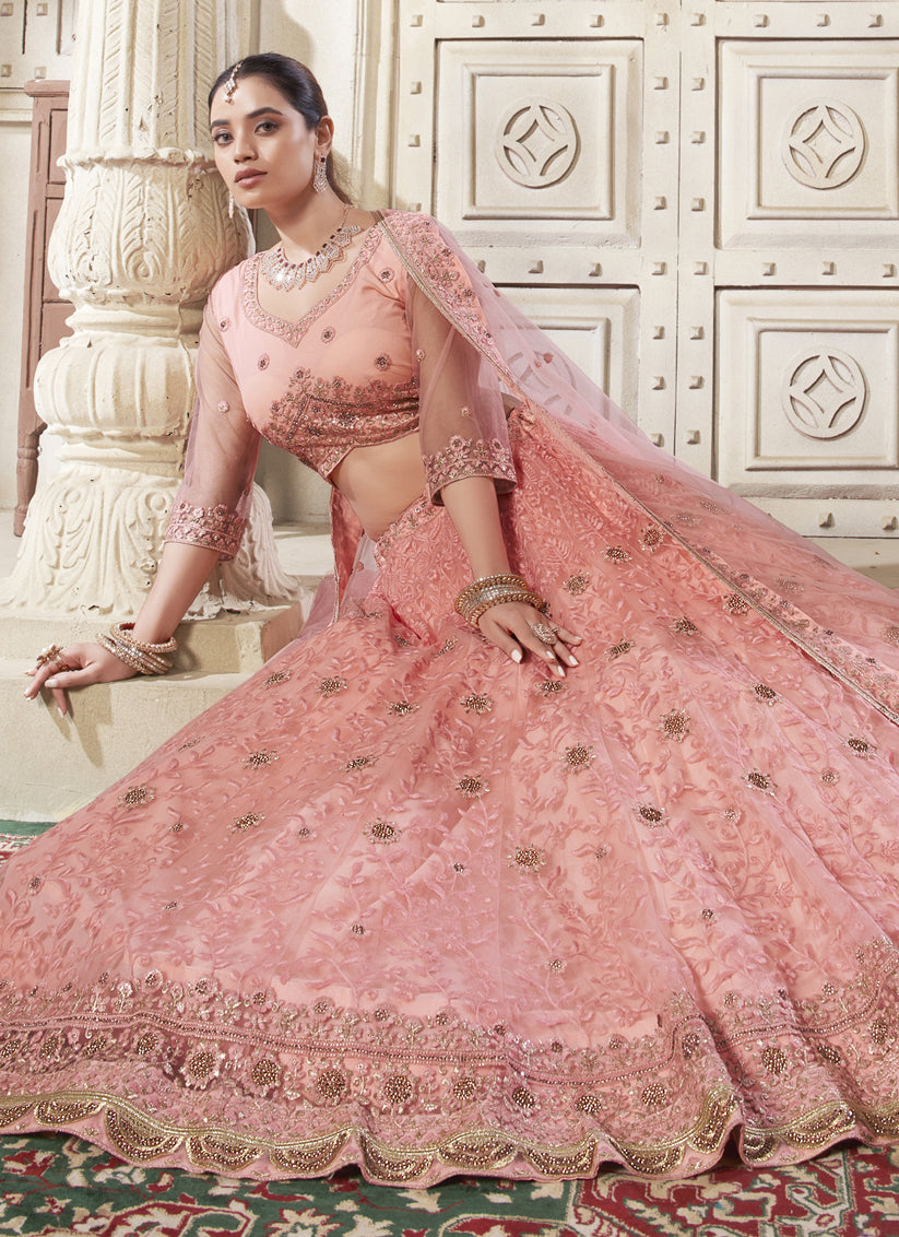 Coral Pink Net Embroidered Designer Lehenga Choli Set