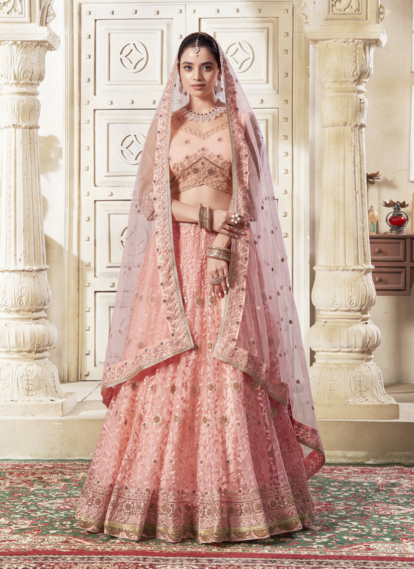 Coral Pink Net Embroidered Designer Lehenga Choli Set