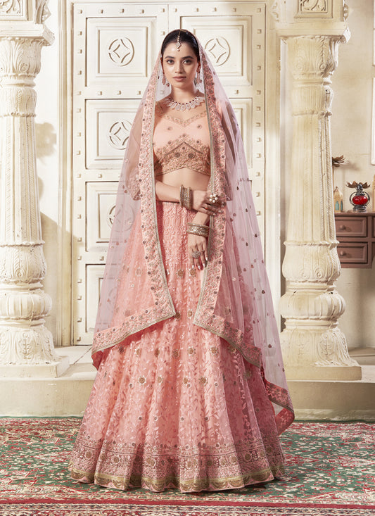 Coral Pink Net Embroidered Designer Lehenga Choli Set