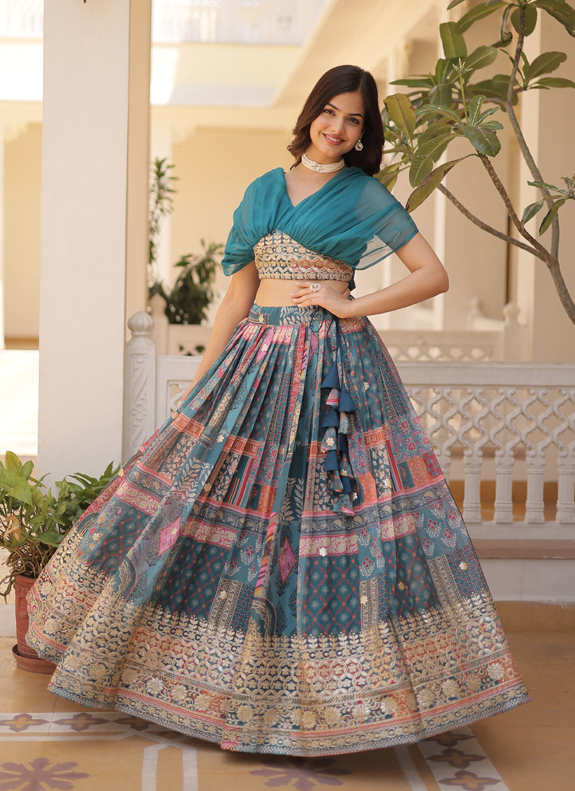 Teal Blue Russian Silk Digital Print Lehenga Choli