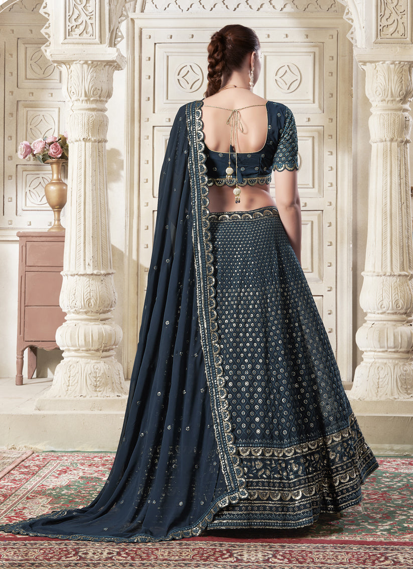 Midnight Blue Georgette Embroidered Designer Lehenga Choli Set