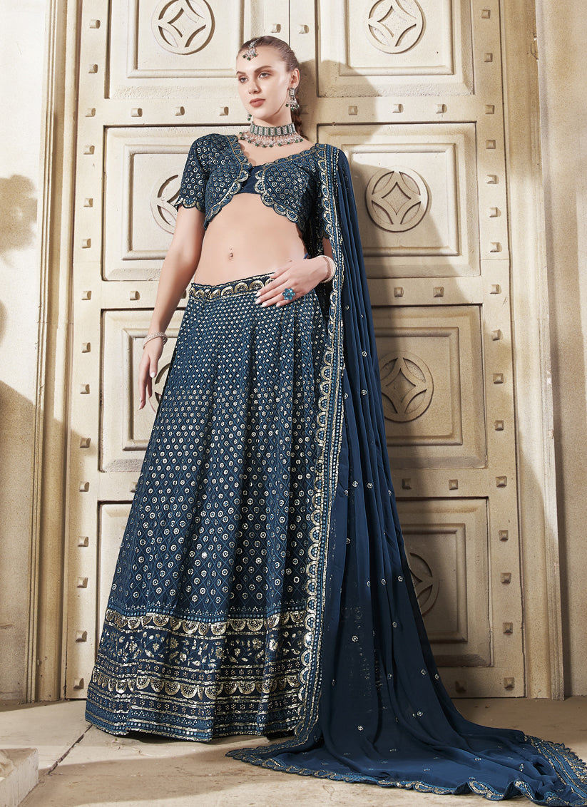 Midnight Blue Georgette Embroidered Designer Lehenga Choli Set