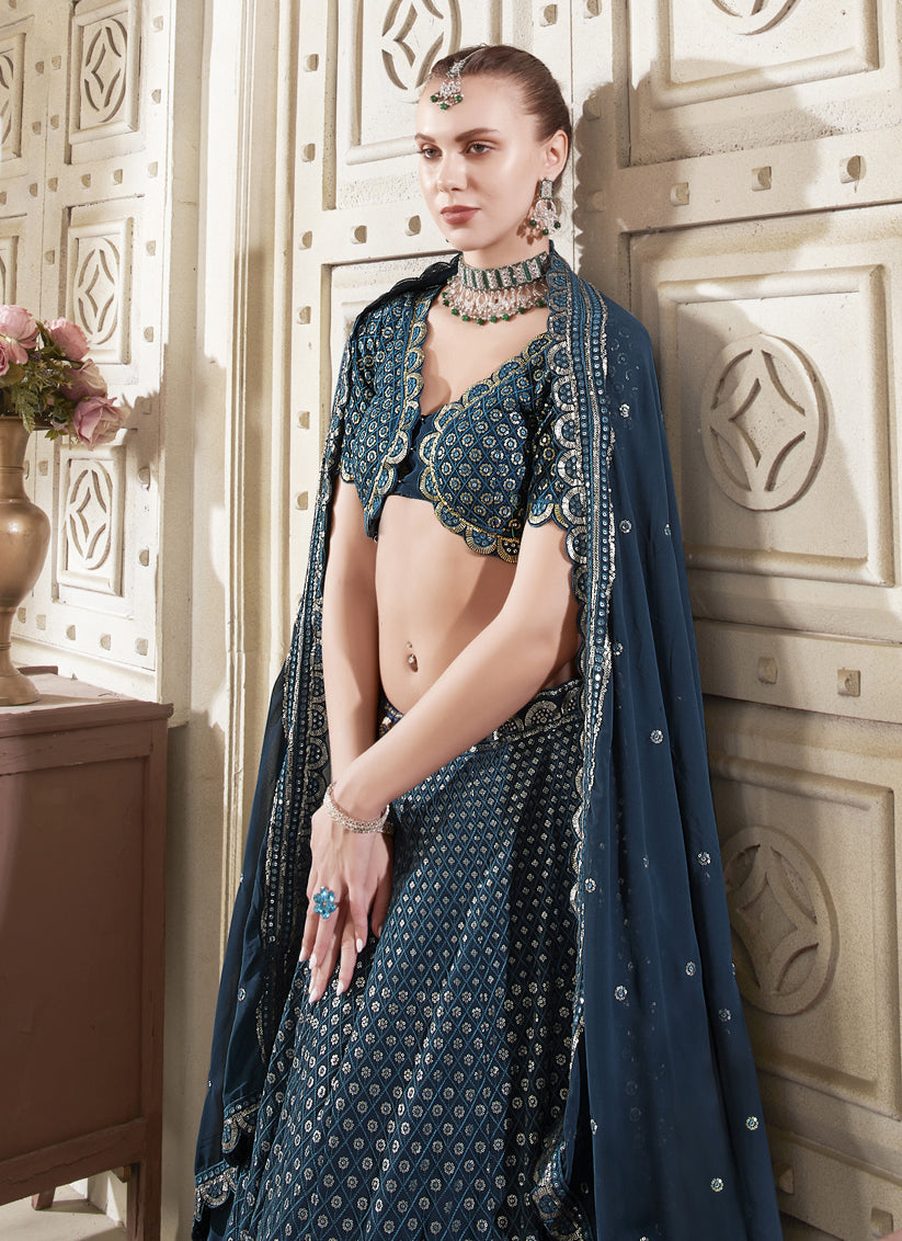 Midnight Blue Georgette Embroidered Designer Lehenga Choli Set