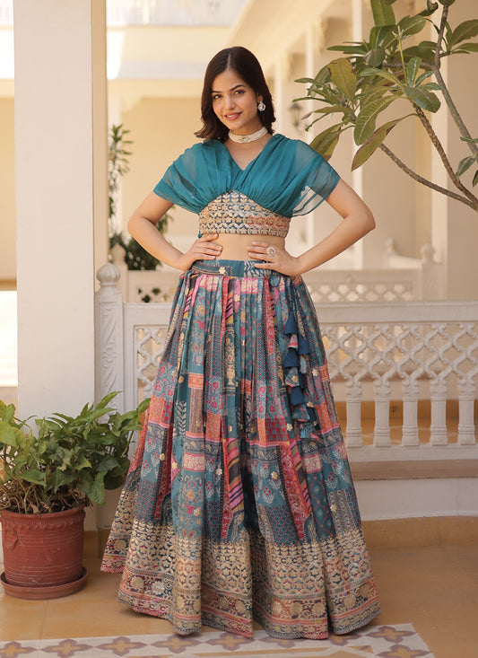 Teal Blue Russian Silk Digital Print Lehenga Choli