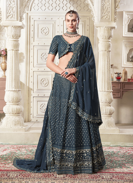 Midnight Blue Georgette Embroidered Designer Lehenga Choli Set