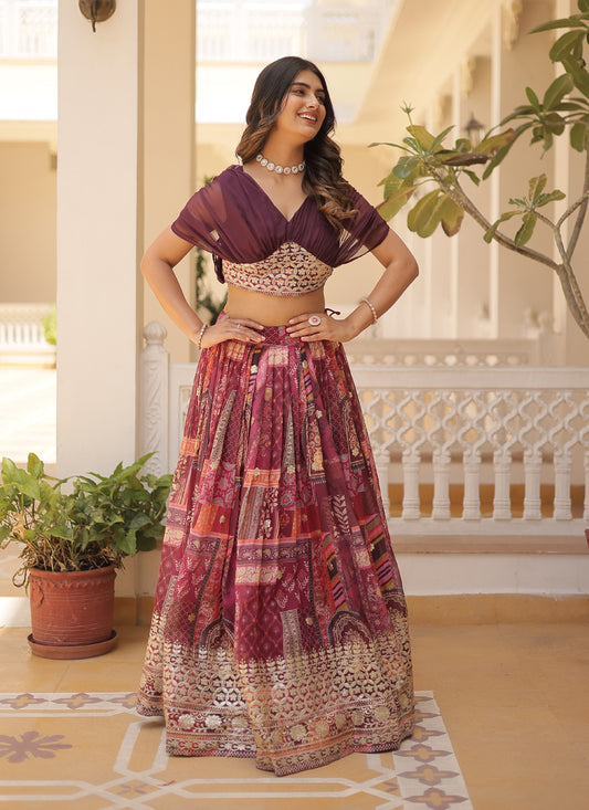 Wine Russian Silk Digital Print Lehenga Choli