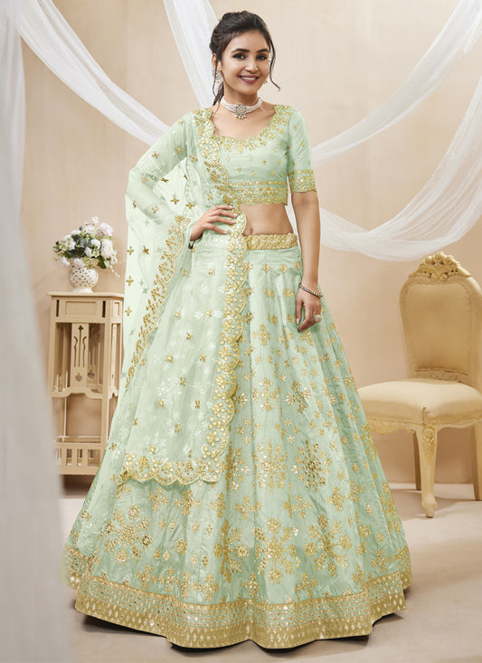 Mint Green Art Silk Embroidered Lehenga Choli