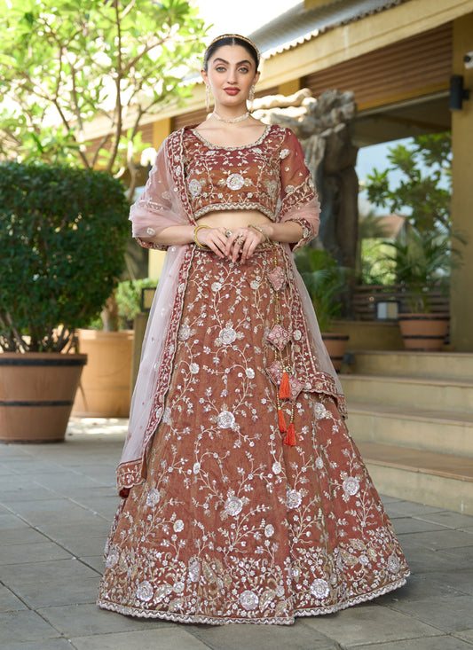 Brown Heavy Embroidered Wedding Lehenga Choli Set
