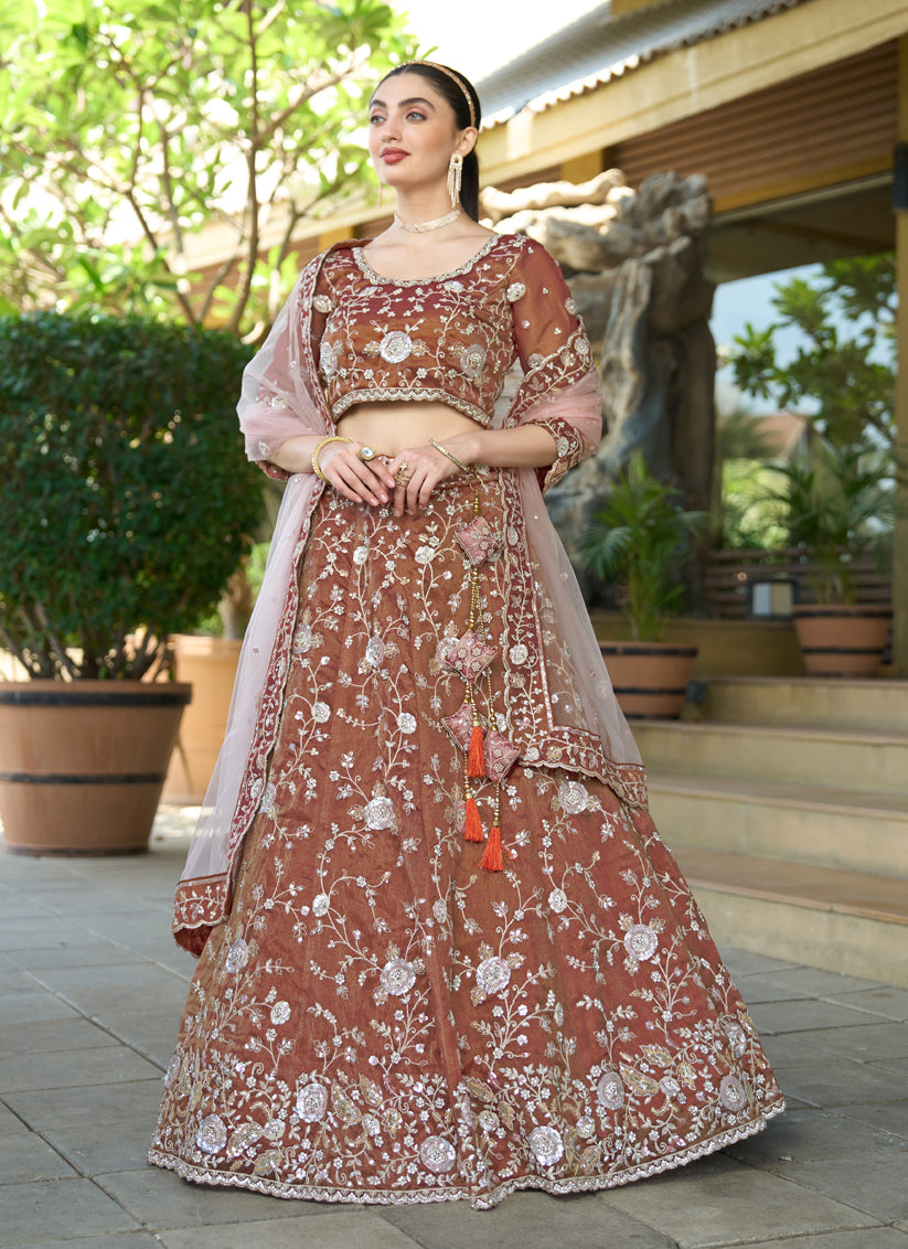 Brown Heavy Embroidered Wedding Lehenga Choli Set