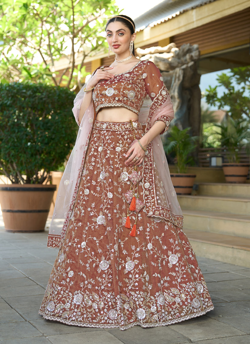 Brown Heavy Embroidered Wedding Lehenga Choli Set