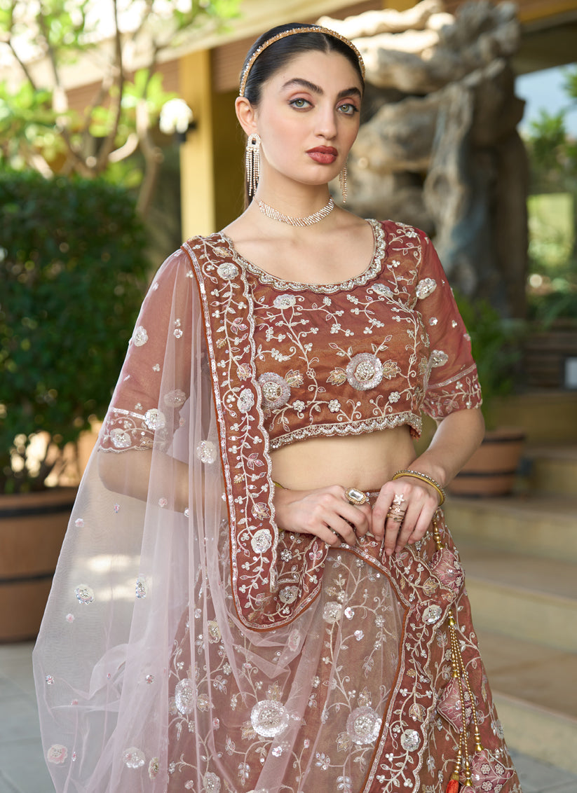 Brown Heavy Embroidered Wedding Lehenga Choli Set