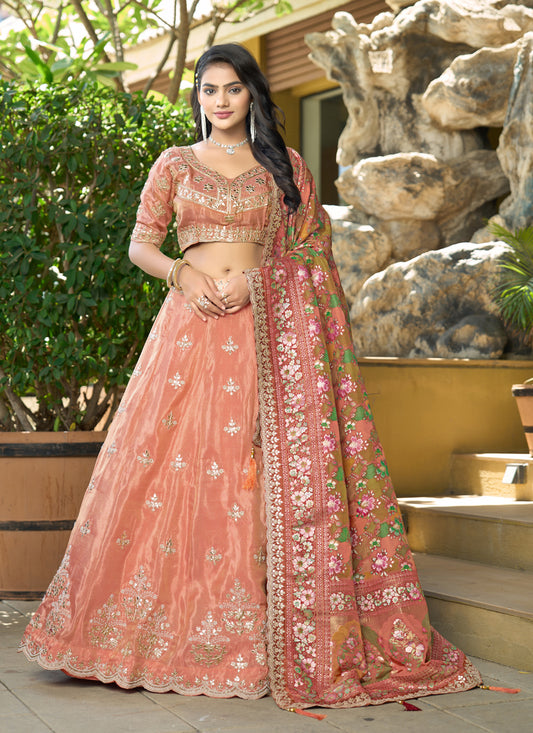 Orange Heavy Embroidered Wedding Lehenga Choli Set