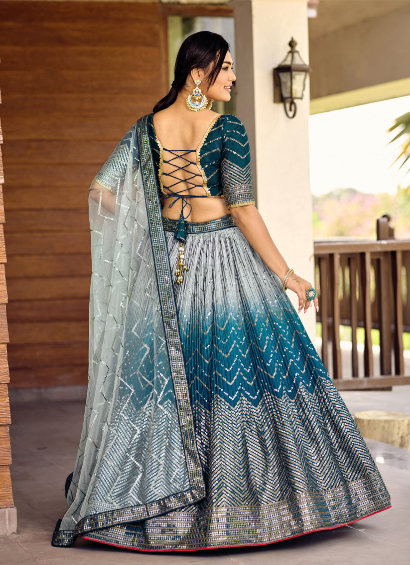 Peacock Blue and Silver Chinnon Sequins Embroidered Lehenga Choli