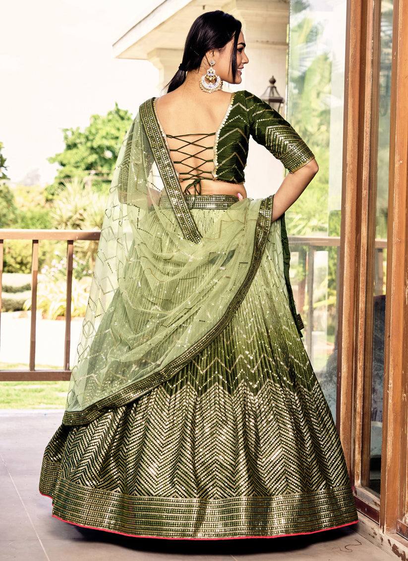 Ombre Green Chinnon Sequins Embroidered Lehenga Choli