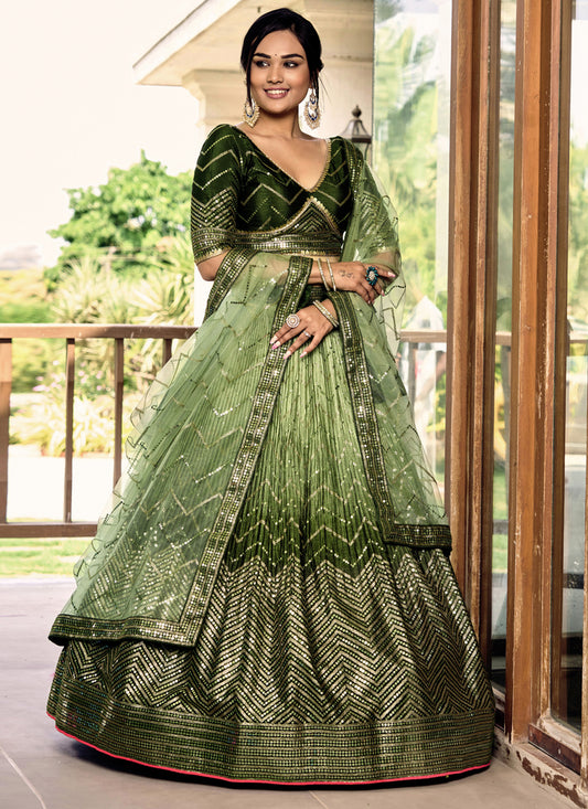Ombre Green Chinnon Sequins Embroidered Lehenga Choli