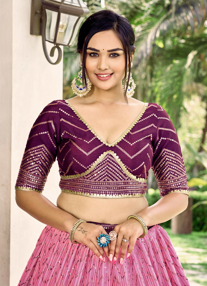 Purple and Lilac Pink Chinnon Sequins Embroidered Lehenga Choli