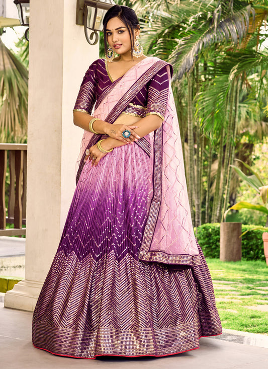 Purple and Lilac Pink Chinnon Sequins Embroidered Lehenga Choli