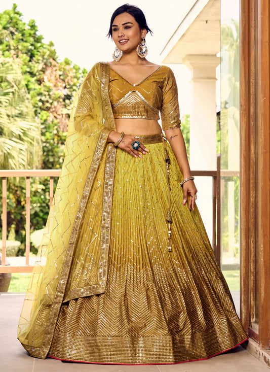 Ombre Mustard Chinnon Sequins Embroidered Lehenga Choli