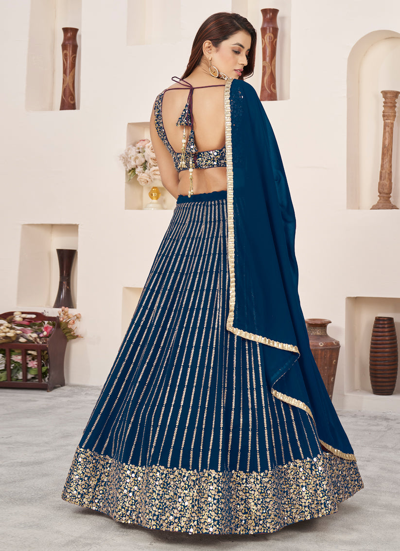 Teal Blue Georgette Embroidered Wedding Lehenga Choli Set