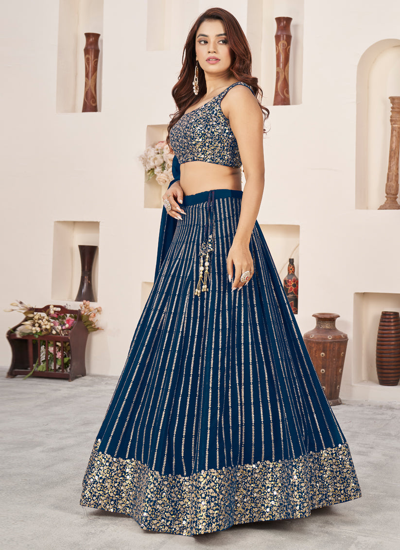 Teal Blue Georgette Embroidered Wedding Lehenga Choli Set