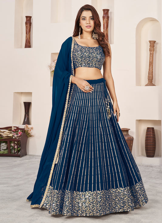 Teal Blue Georgette Embroidered Wedding Lehenga Choli Set