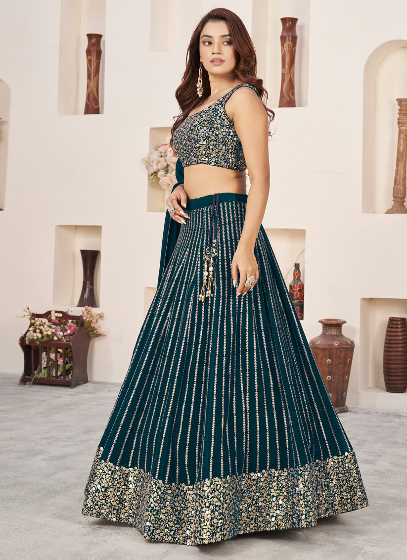 Teal Green Georgette Embroidered Wedding Lehenga Choli Set