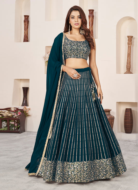 Teal Green Georgette Embroidered Wedding Lehenga Choli Set