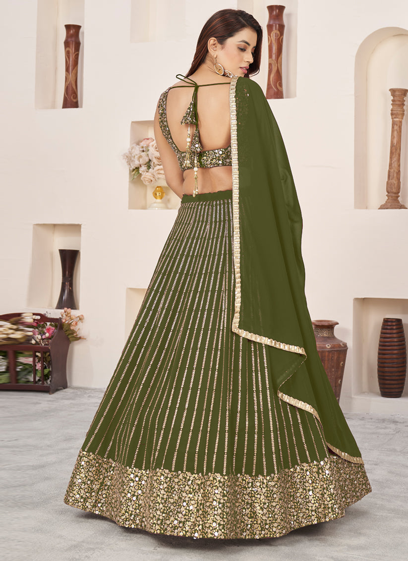 Olive Green Georgette Embroidered Wedding Lehenga Choli Set