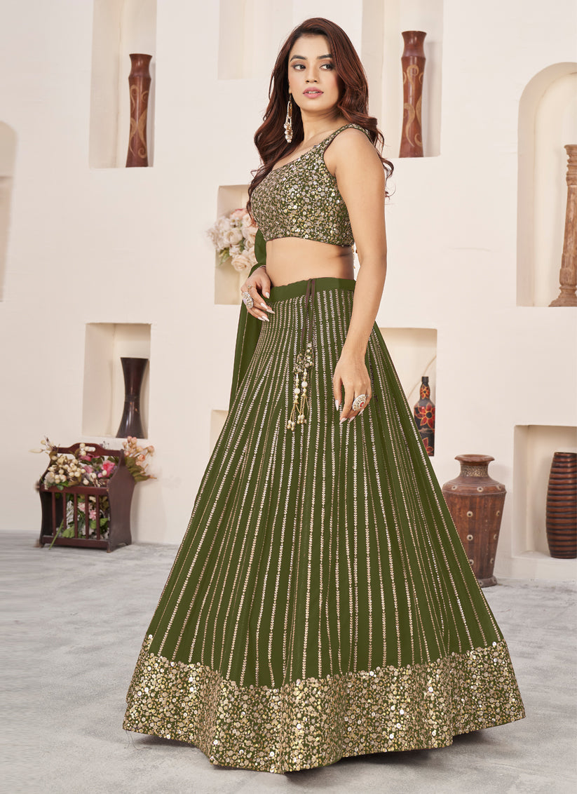 Olive Green Georgette Embroidered Wedding Lehenga Choli Set