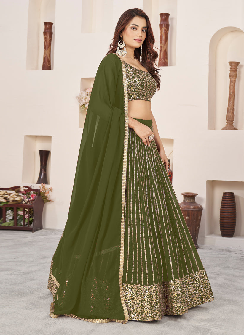 Olive Green Georgette Embroidered Wedding Lehenga Choli Set