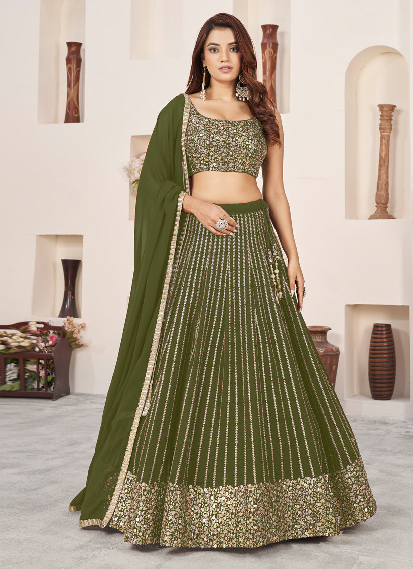 Olive Green Georgette Embroidered Wedding Lehenga Choli Set