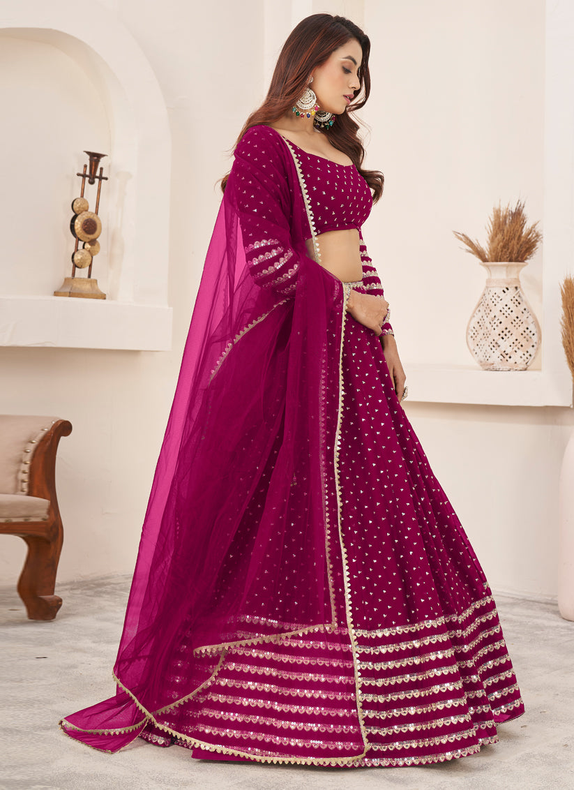 Raspberry Pink Georgette Embroidered Wedding Lehenga Choli Set