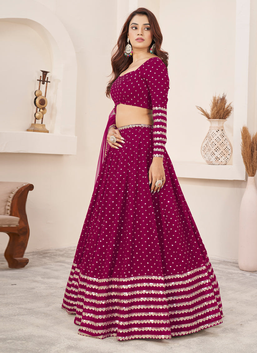 Raspberry Pink Georgette Embroidered Wedding Lehenga Choli Set